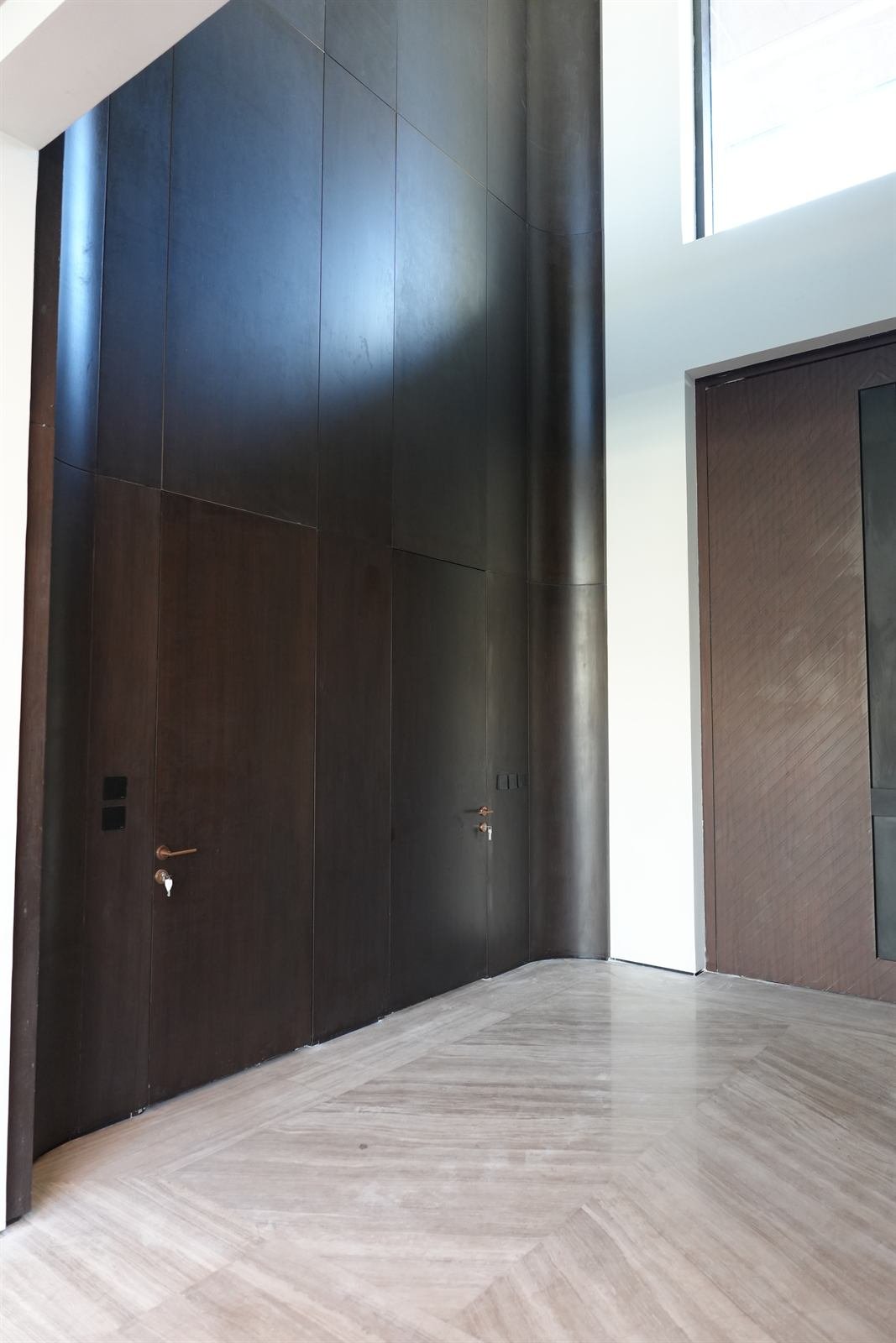Interior entrance corridor with dark wood cladding